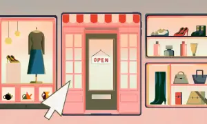 Ilustracja sklepu internetowego z ubraniami, butami i akcesoriami, z widocznym znakiem "OPEN".