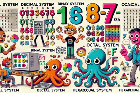Kolorowi bohaterowie i ośmiornice ilustrują różne systemy liczbowe, takie jak binarny i dziesiętny.