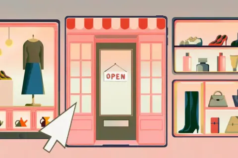 Ilustracja sklepu internetowego z ubraniami, butami i akcesoriami, z widocznym znakiem "OPEN".