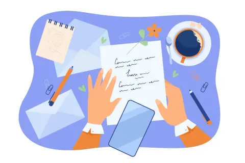 Ręce trzymające list, obok telefon, kawa, koperty i przybory do pisania.