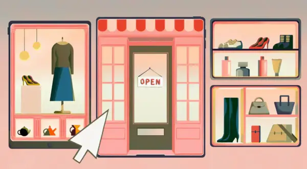 Ilustracja sklepu internetowego z ubraniami, butami i akcesoriami, z widocznym znakiem "OPEN".
